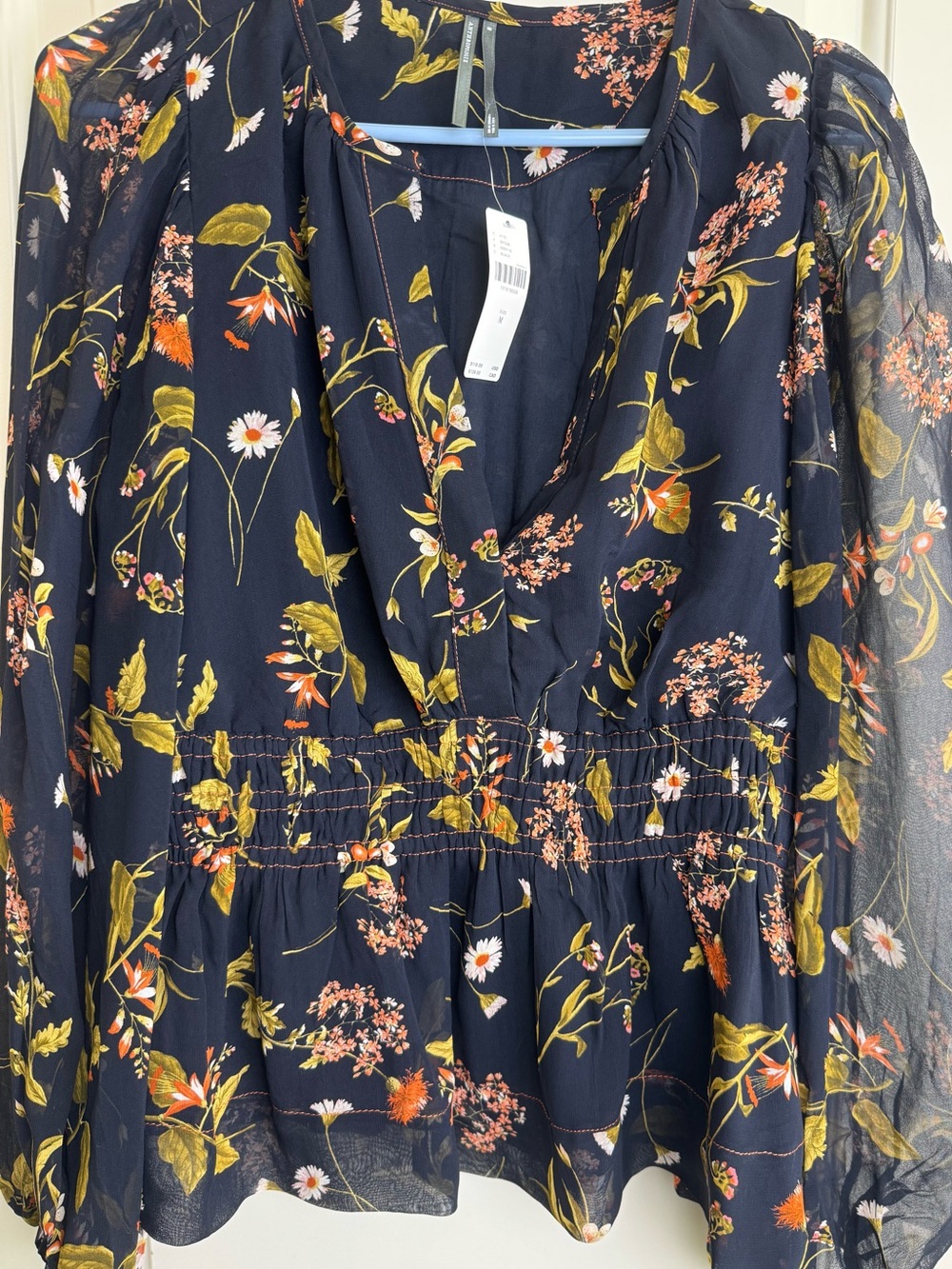 NWT Anthropologie Black Floral Smocked Waist Puff Sleeve Blouse M $118
